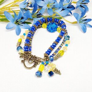 Blue & Yellow Floral Beaded Bracelet  Boho Wrap Bracelet with Butterfly Clasp